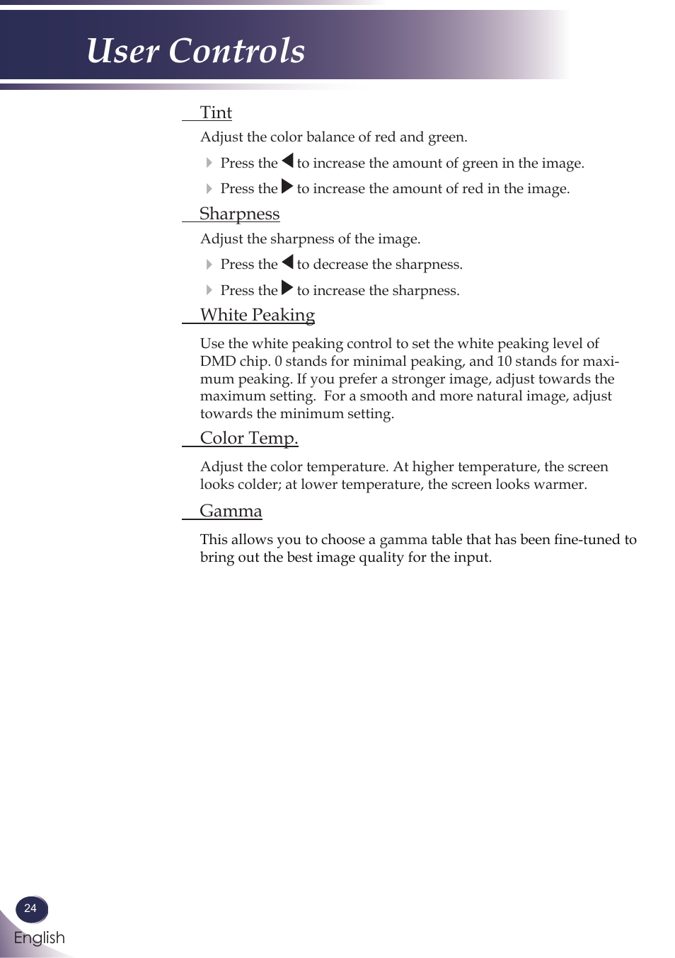 User controls | Sanyo PJLINK PDG-DXL100 User Manual | Page 25 / 63