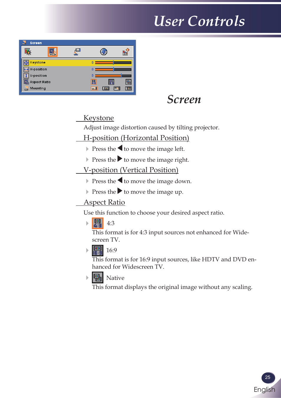 Screen, User controls | Sanyo PJLINK PDG-DXL100 User Manual | Page 26 / 63