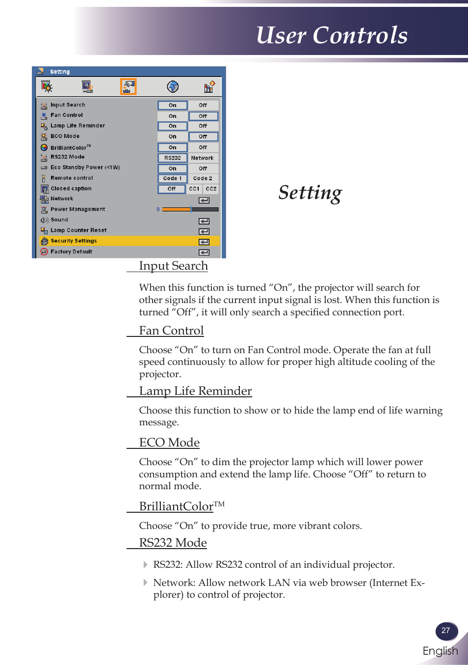 Setting, User controls | Sanyo PJLINK PDG-DXL100 User Manual | Page 28 / 63