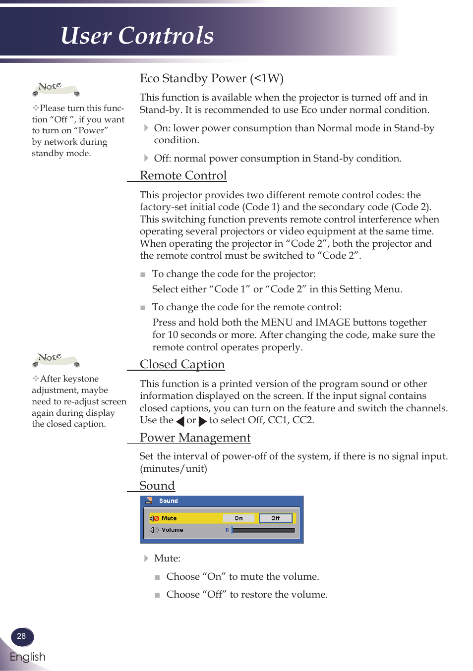 User controls | Sanyo PJLINK PDG-DXL100 User Manual | Page 29 / 63