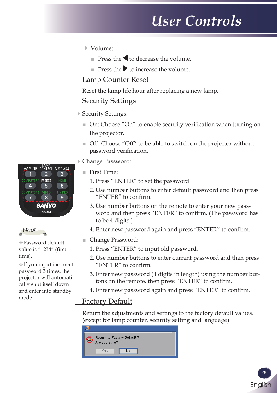 User controls | Sanyo PJLINK PDG-DXL100 User Manual | Page 30 / 63