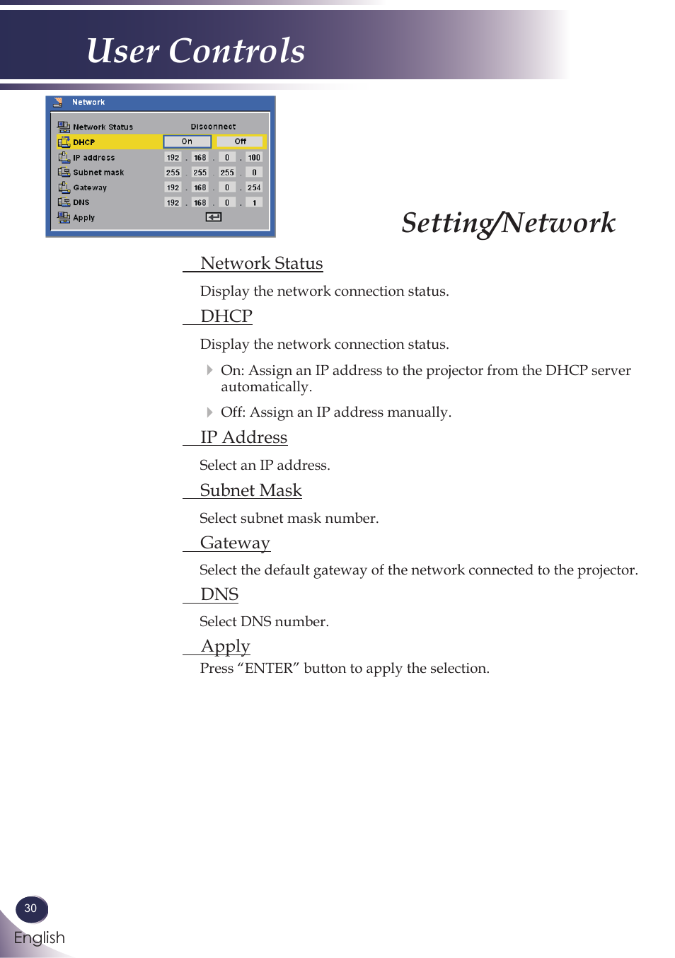 Setting/network, User controls | Sanyo PJLINK PDG-DXL100 User Manual | Page 31 / 63