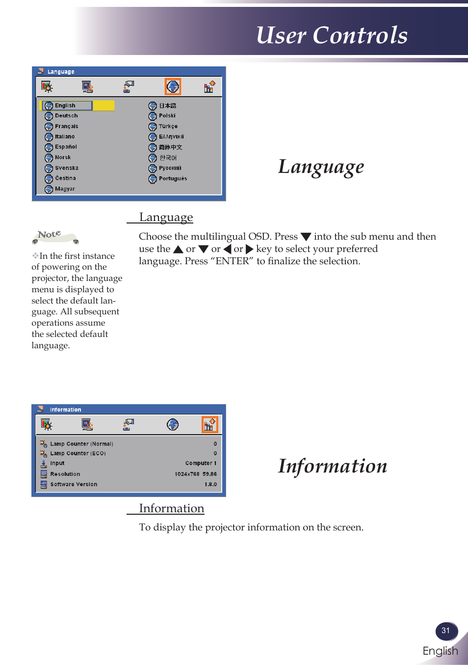 Language, Information, Language information | User controls | Sanyo PJLINK PDG-DXL100 User Manual | Page 32 / 63