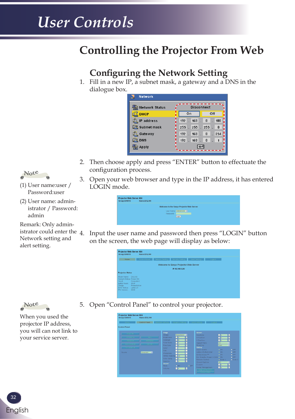 Controlling the projector from web, Configuring the network setting, User controls | Sanyo PJLINK PDG-DXL100 User Manual | Page 33 / 63