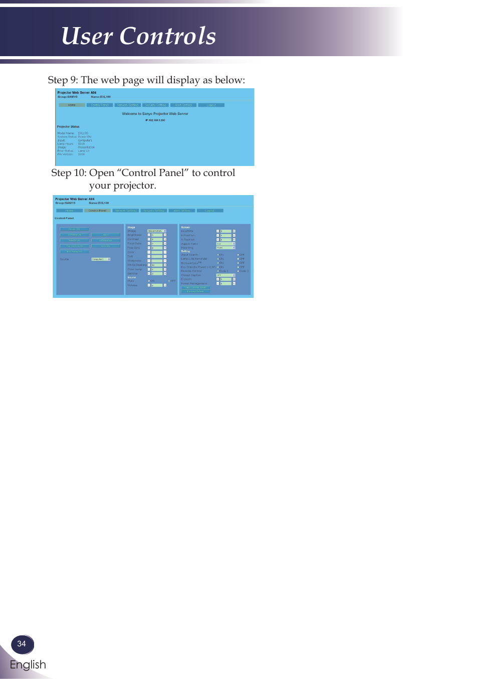 User controls | Sanyo PJLINK PDG-DXL100 User Manual | Page 35 / 63