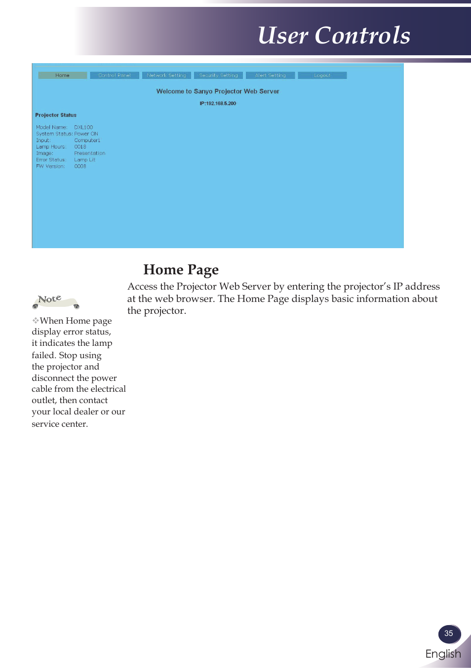 User controls, Home page | Sanyo PJLINK PDG-DXL100 User Manual | Page 36 / 63