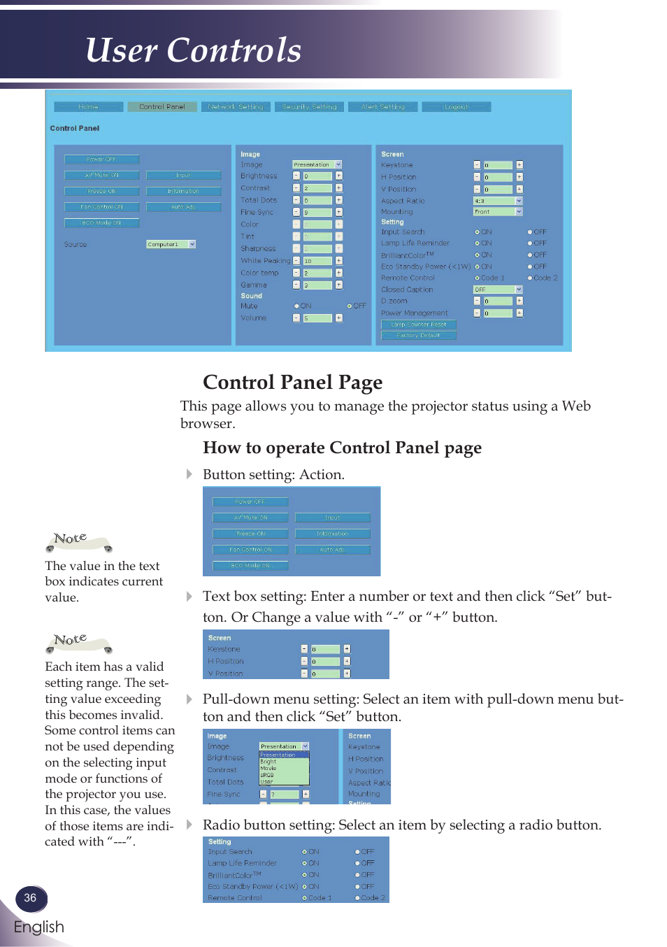 User controls, Control panel page | Sanyo PJLINK PDG-DXL100 User Manual | Page 37 / 63