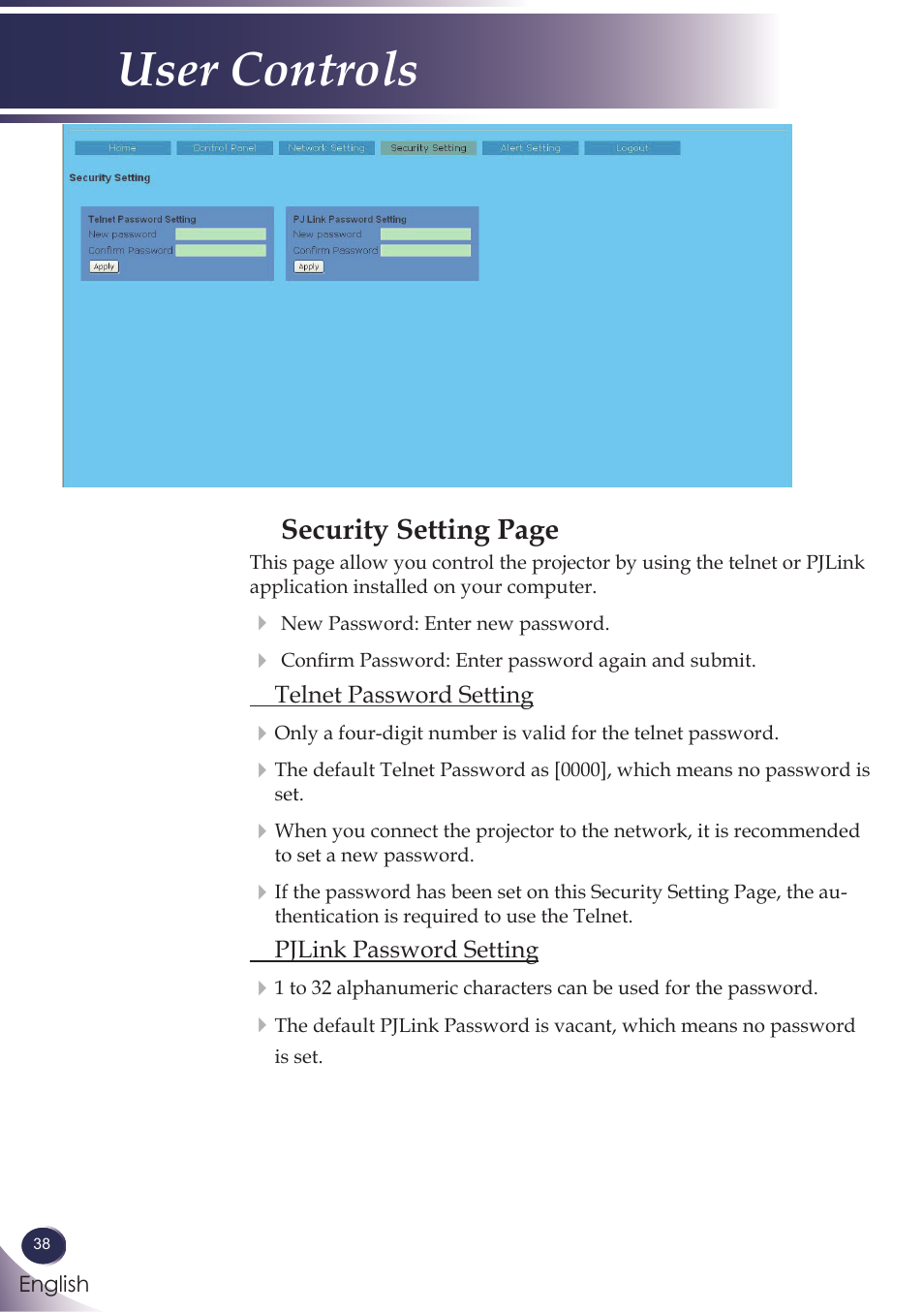 User controls, Security setting page | Sanyo PJLINK PDG-DXL100 User Manual | Page 39 / 63