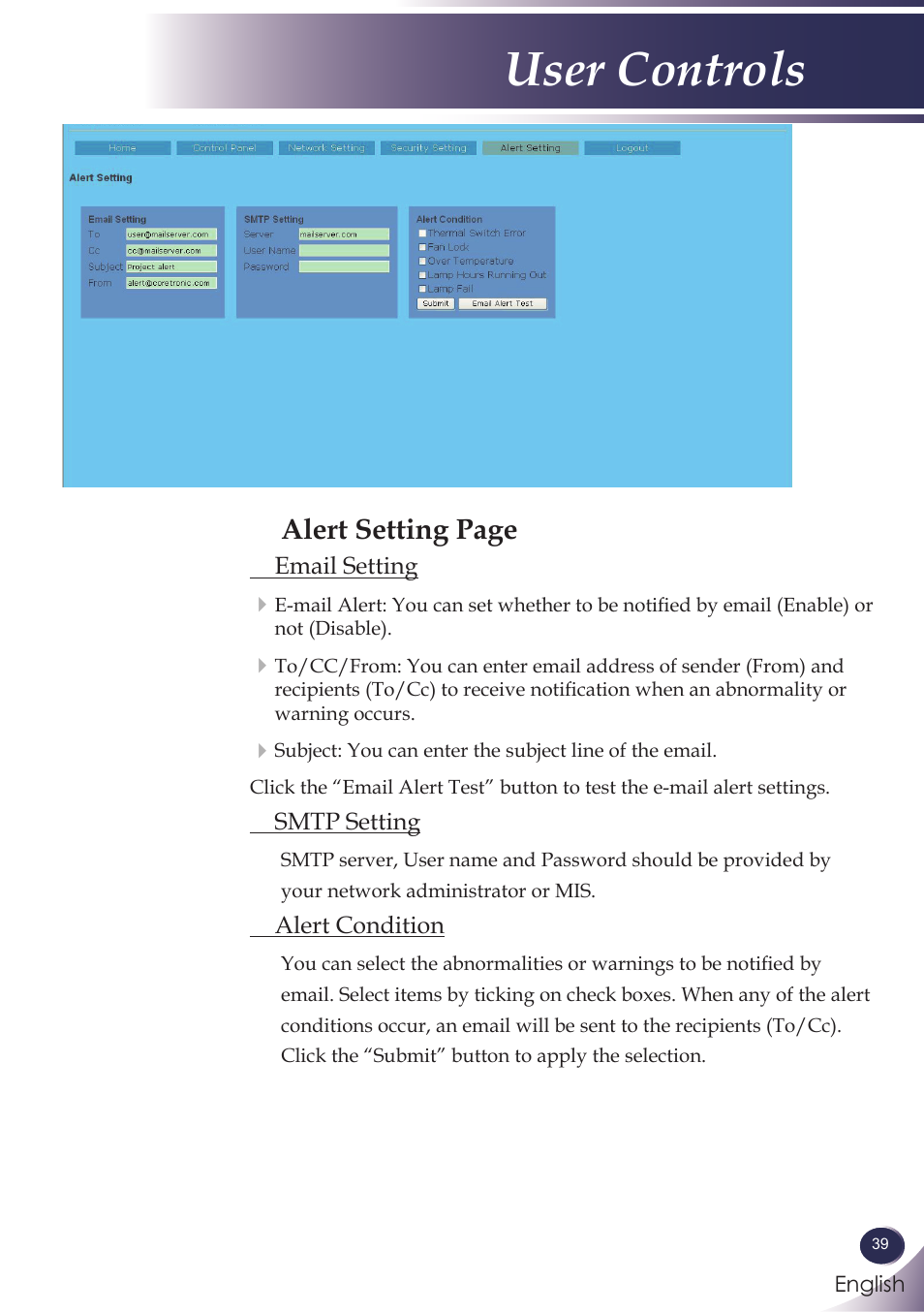 User controls, Alert setting page | Sanyo PJLINK PDG-DXL100 User Manual | Page 40 / 63