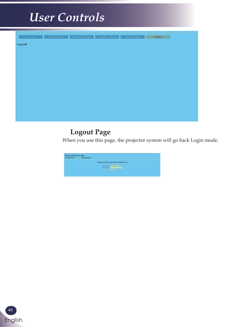 User controls | Sanyo PJLINK PDG-DXL100 User Manual | Page 41 / 63