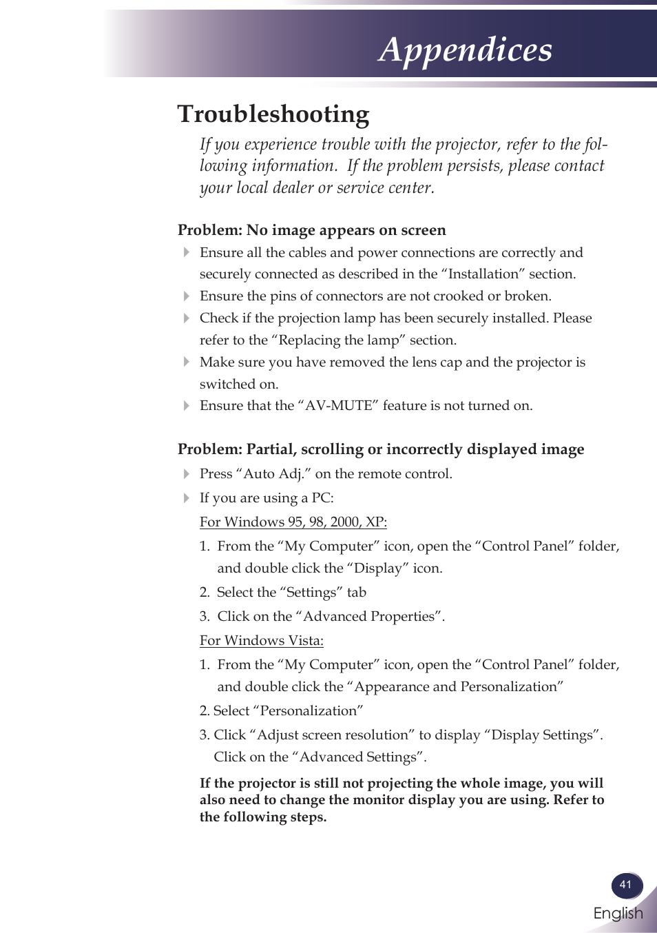 Troubleshooting, Appendices | Sanyo PJLINK PDG-DXL100 User Manual | Page 42 / 63