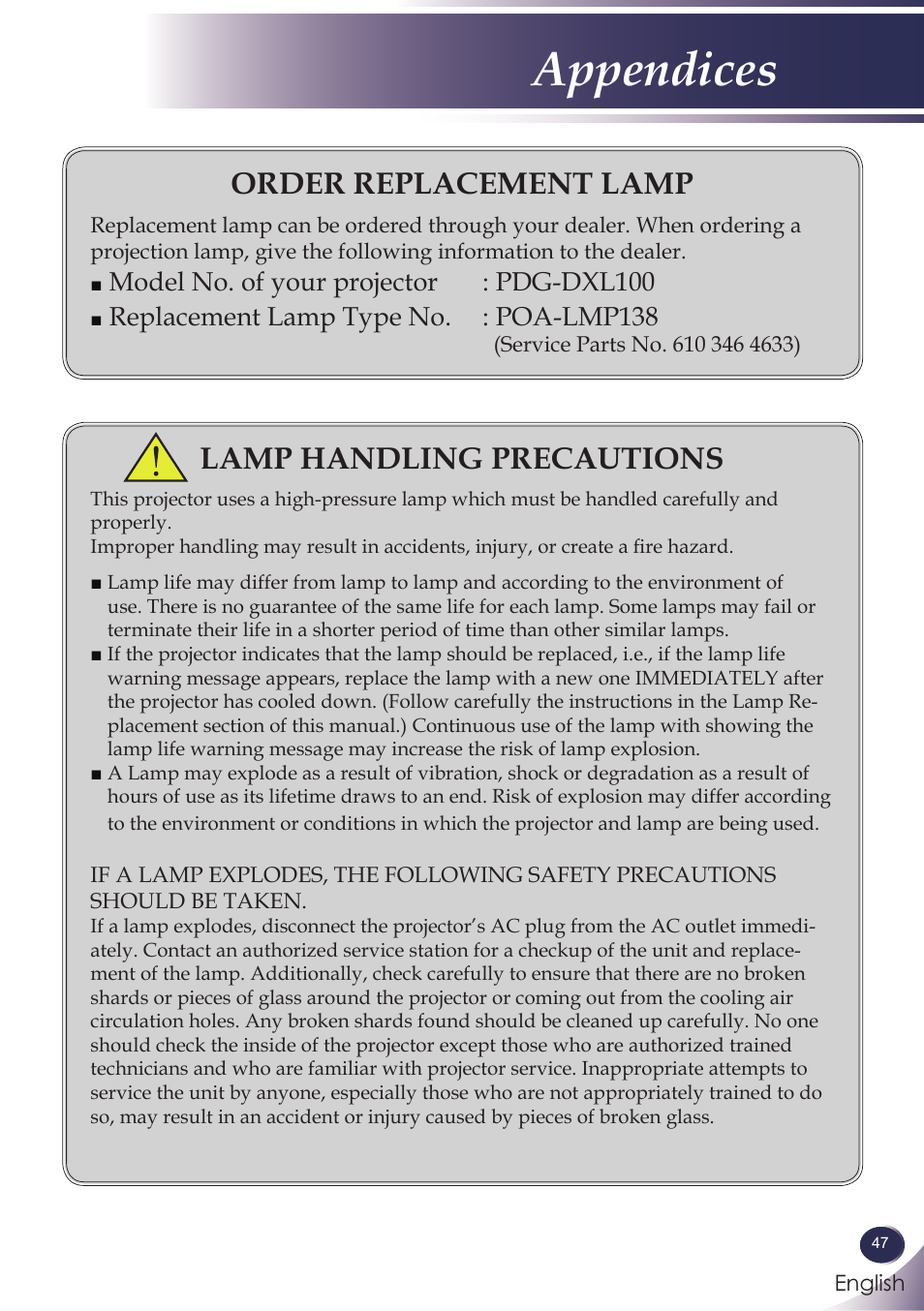 Appendices, Order replacement lamp, Lamp handling precautions | Model no. of your projector : pdg-dxl100, Replacement lamp type no. : poa-lmp138 | Sanyo PJLINK PDG-DXL100 User Manual | Page 48 / 63