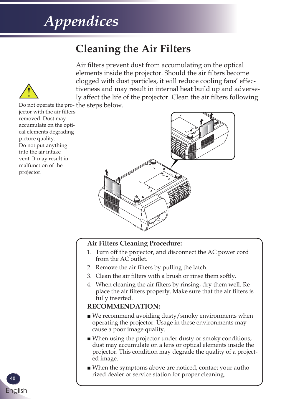 Cleaning the air filter, Cleaning the air filters, Appendices | Sanyo PJLINK PDG-DXL100 User Manual | Page 49 / 63