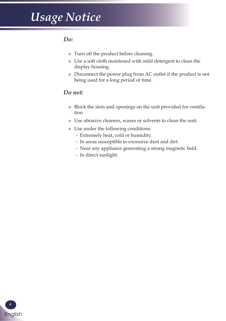 Usage notice | Sanyo PJLINK PDG-DXL100 User Manual | Page 5 / 63