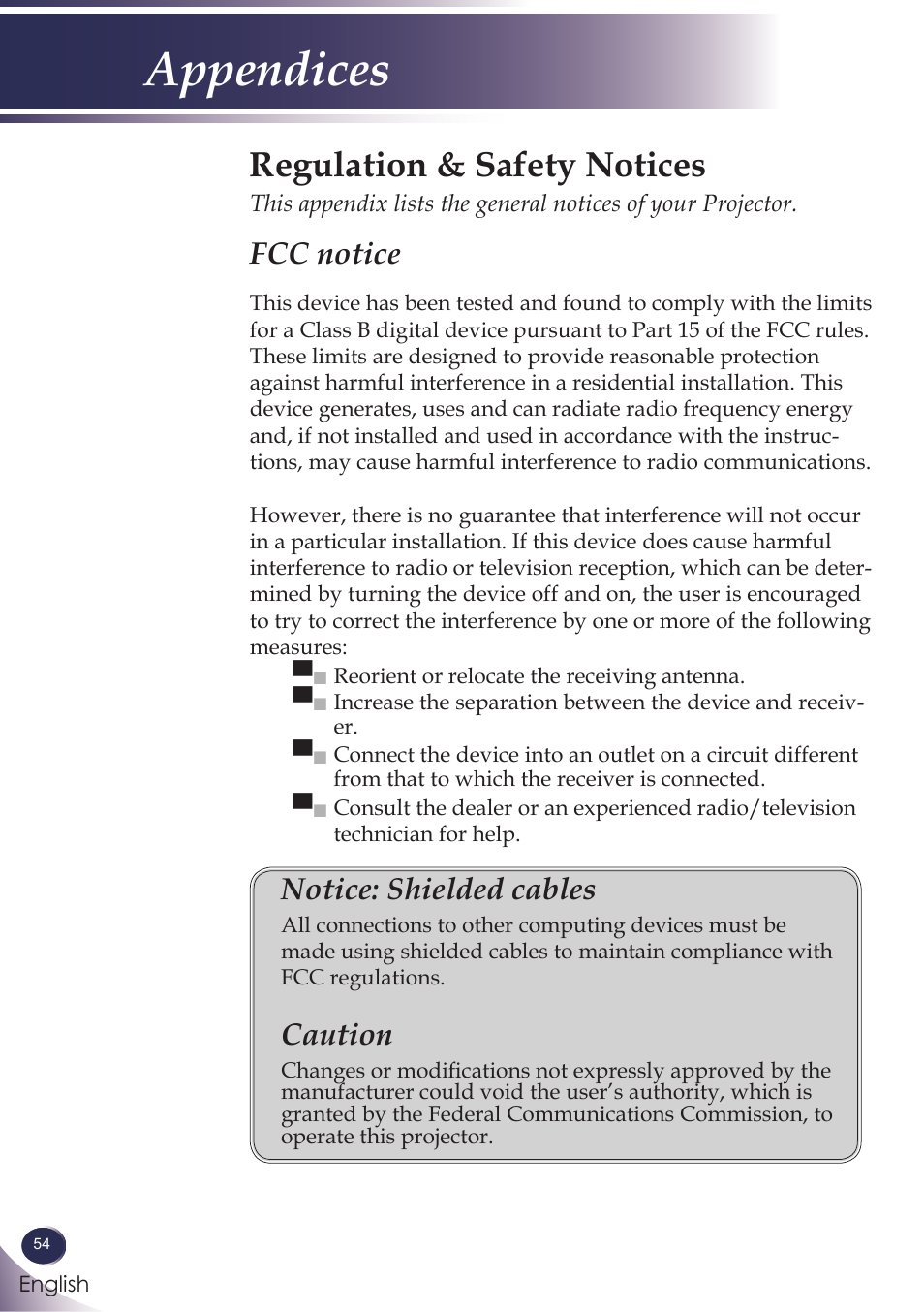 Regulation & safety notices, Appendices, Fcc notice | Notice: shielded cables, Caution | Sanyo PJLINK PDG-DXL100 User Manual | Page 55 / 63
