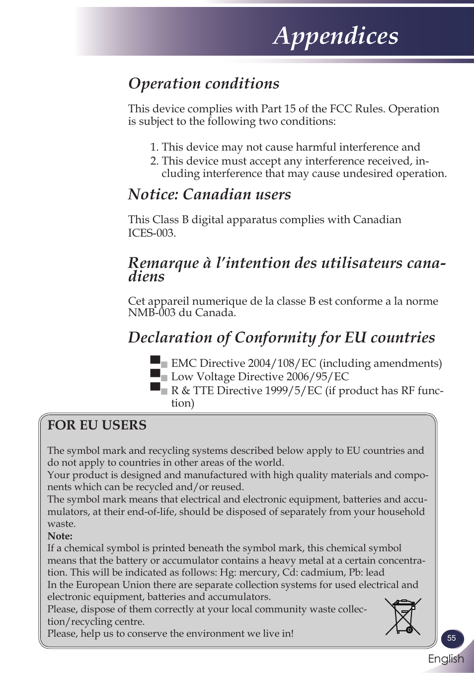 Appendices, Operation conditions, Notice: canadian users | Declaration of conformity for eu countries | Sanyo PJLINK PDG-DXL100 User Manual | Page 56 / 63