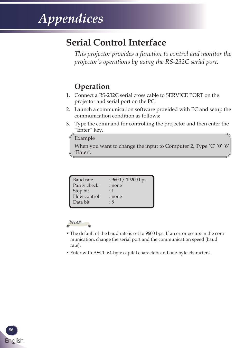 Serial control interface, Operation, Appendices | Sanyo PJLINK PDG-DXL100 User Manual | Page 57 / 63