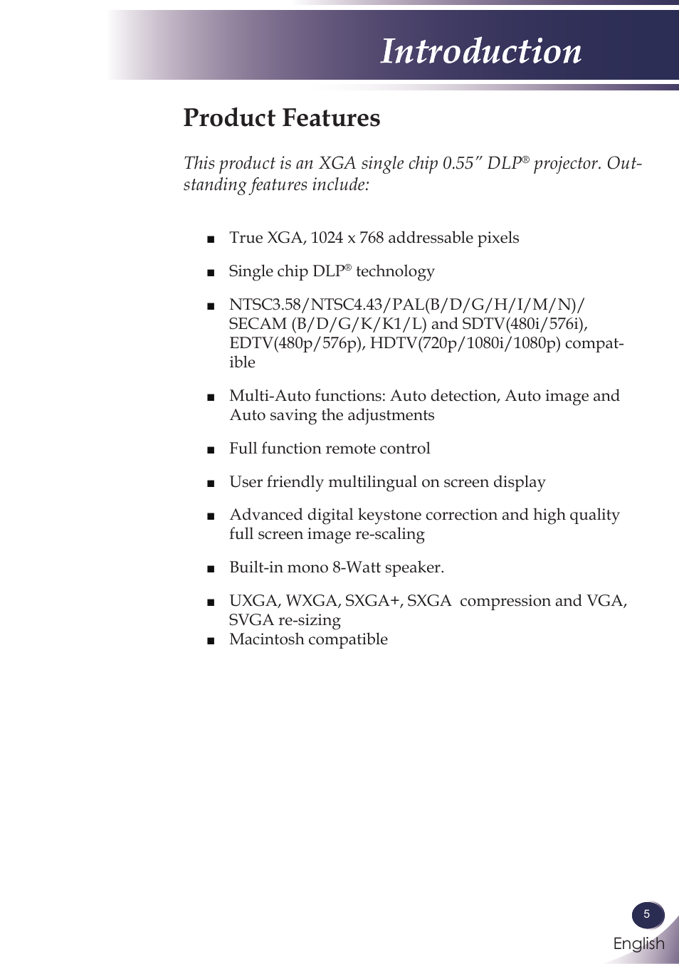Introduction, Product features | Sanyo PJLINK PDG-DXL100 User Manual | Page 6 / 63