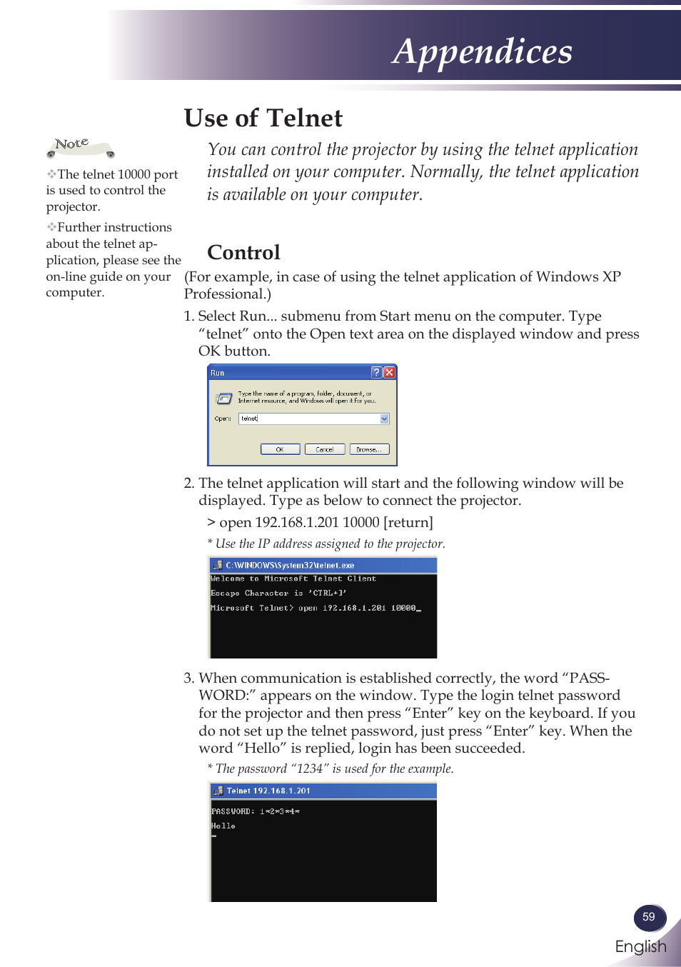 Use of telnet, Appendices, Control | Sanyo PJLINK PDG-DXL100 User Manual | Page 60 / 63