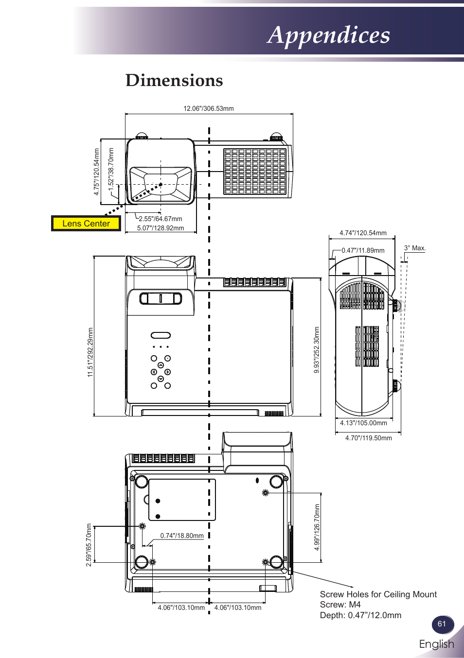 Dimensions, Appendices, English | Sanyo PJLINK PDG-DXL100 User Manual | Page 62 / 63