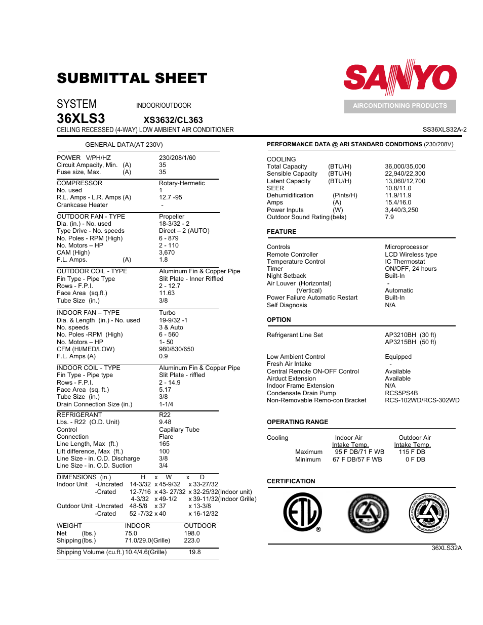 Submittal sheet, 36xls32a, System | Sanyo 36XS32A User Manual | Page 2 / 3