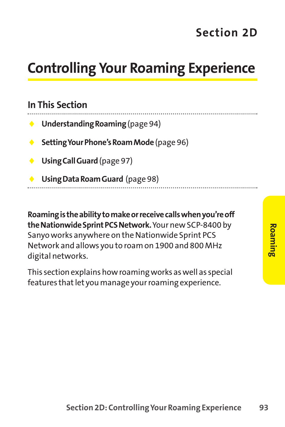 2d. controlling your roaming experience, Controlling your roaming experience | Sanyo SCP-8400 User Manual | Page 109 / 282