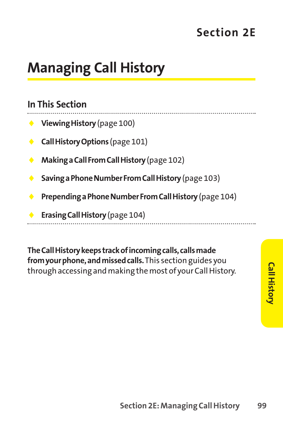 2e. managing call history, Managing call history | Sanyo SCP-8400 User Manual | Page 115 / 282