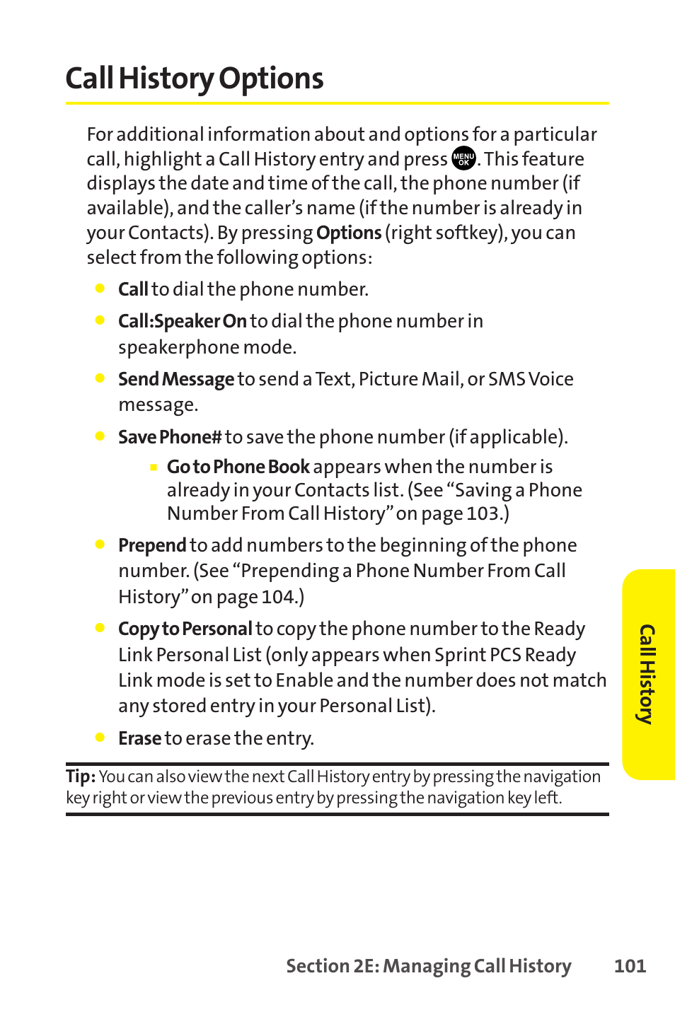 Call history options, Call history | Sanyo SCP-8400 User Manual | Page 117 / 282