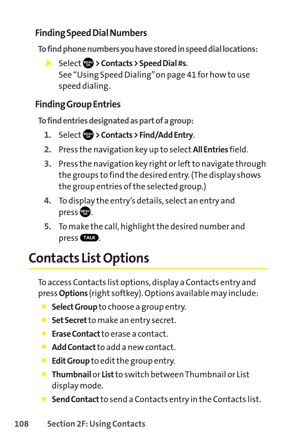 Contacts list options, Finding speed dial numbers, Finding group entries | Sanyo SCP-8400 User Manual | Page 124 / 282