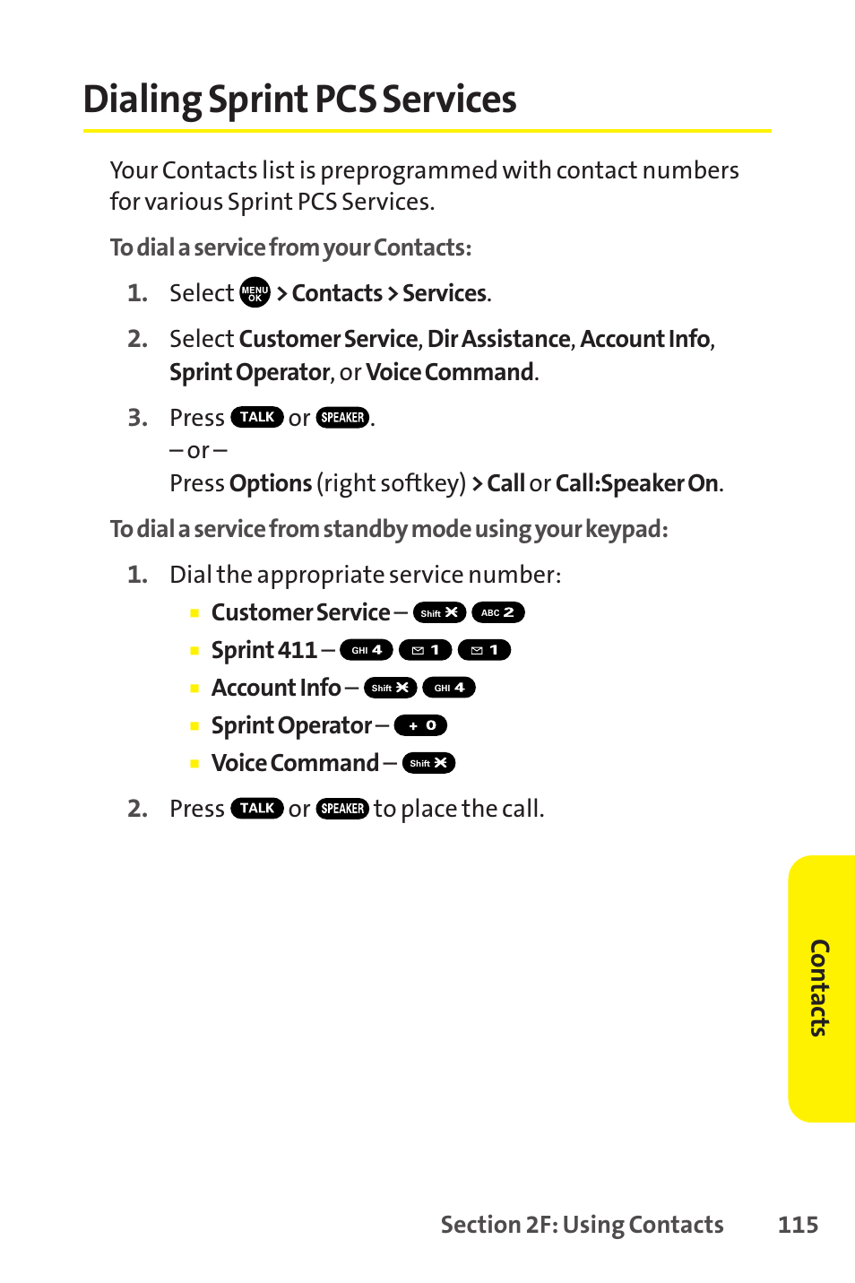 Dialing sprint pcs services, Co n tac ts | Sanyo SCP-8400 User Manual | Page 131 / 282