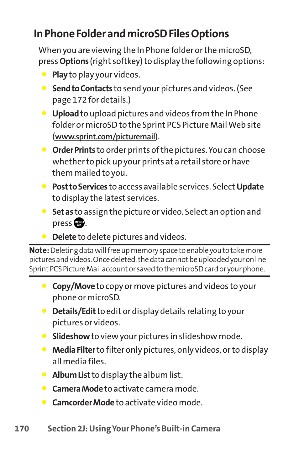 Play to play your videos, Delete to delete pictures and videos, Slideshow to view your pictures in slideshow mode | Album list to display the album list, Camera mode to activate camera mode, Camcorder mode to activate video mode | Sanyo SCP-8400 User Manual | Page 186 / 282