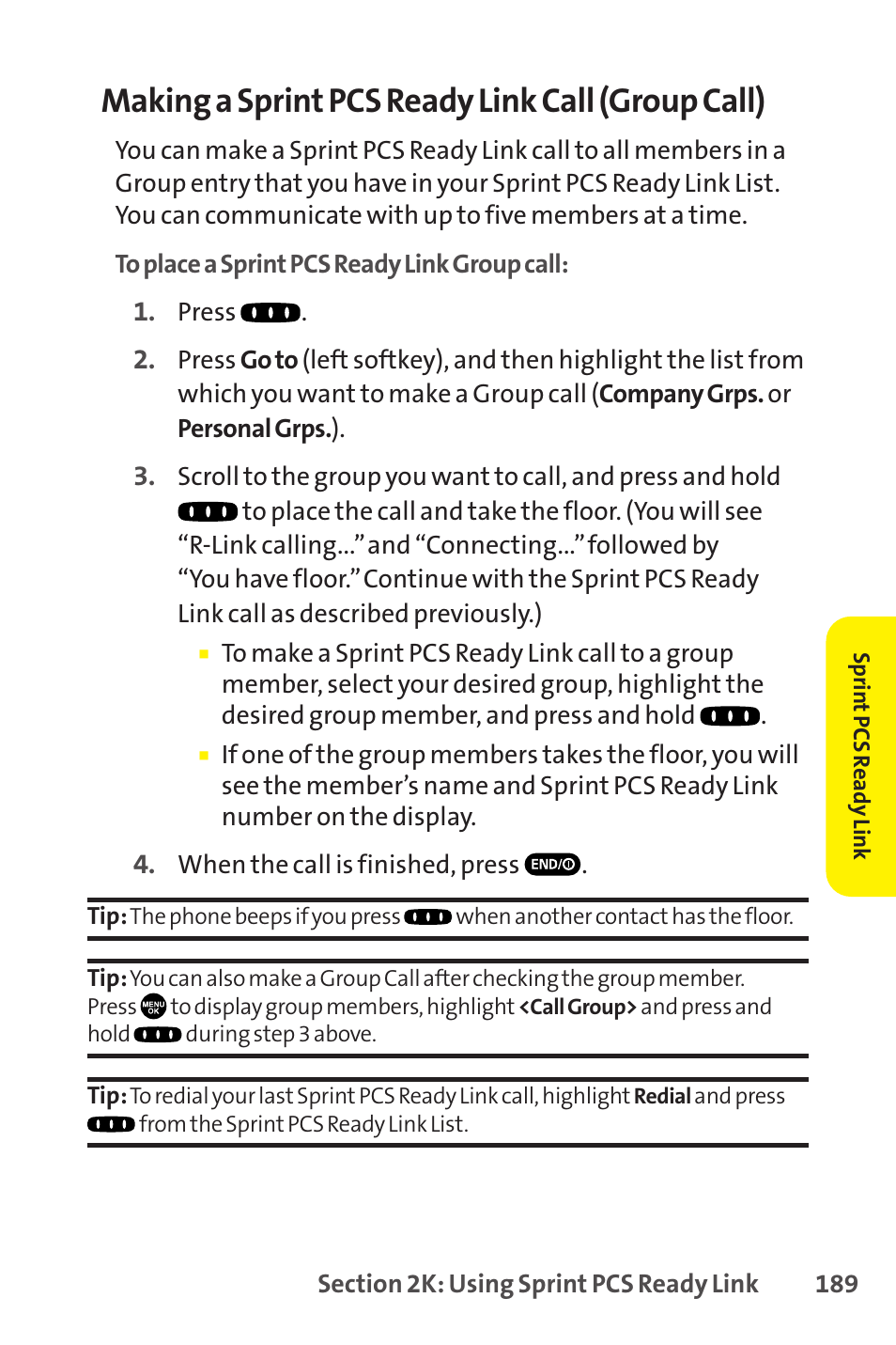 Making a sprint pcs ready link call (group call) | Sanyo SCP-8400 User Manual | Page 205 / 282