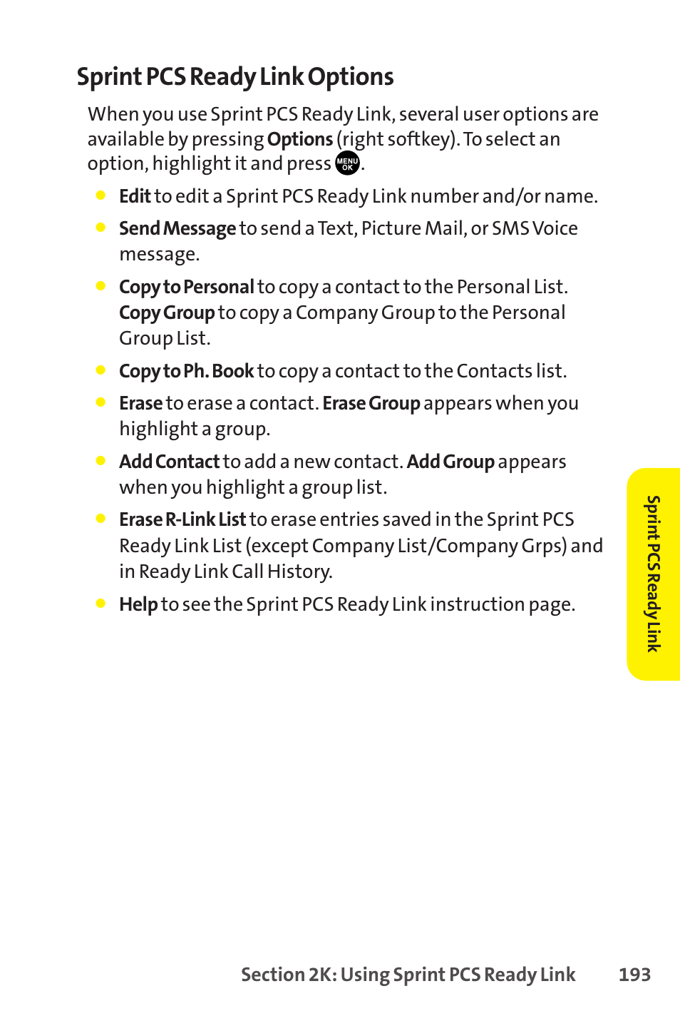Sprint pcs ready link options | Sanyo SCP-8400 User Manual | Page 209 / 282