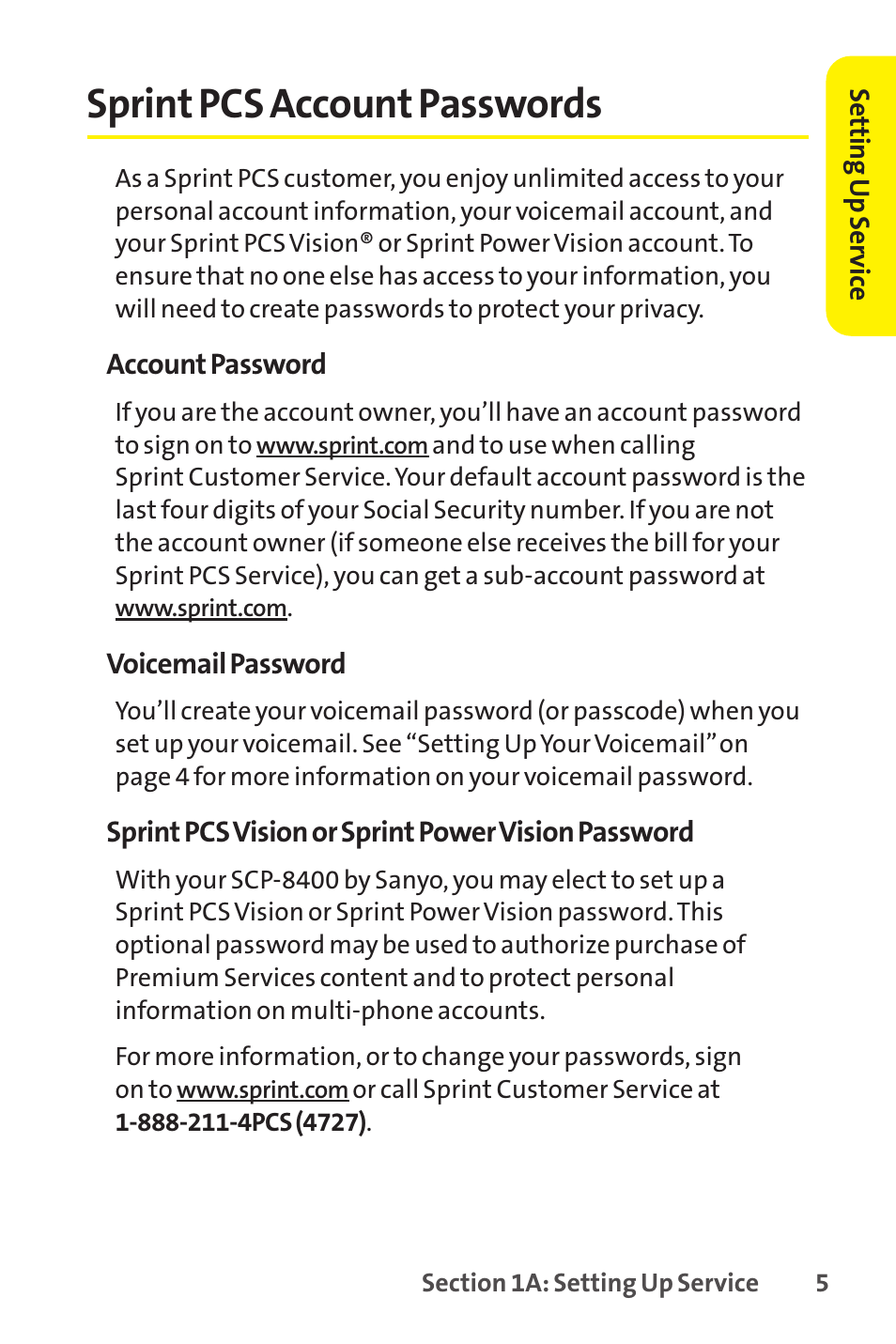 Sprint pcs account passwords | Sanyo SCP-8400 User Manual | Page 21 / 282