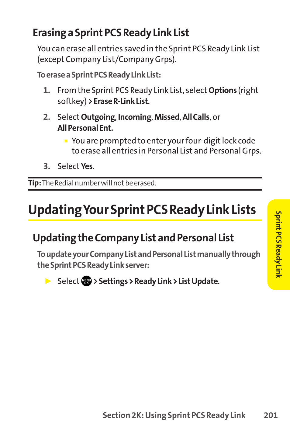 Updating your sprint pcs ready link lists, Erasing a sprint pcs ready link list, Updating the company list and personal list | Sanyo SCP-8400 User Manual | Page 217 / 282