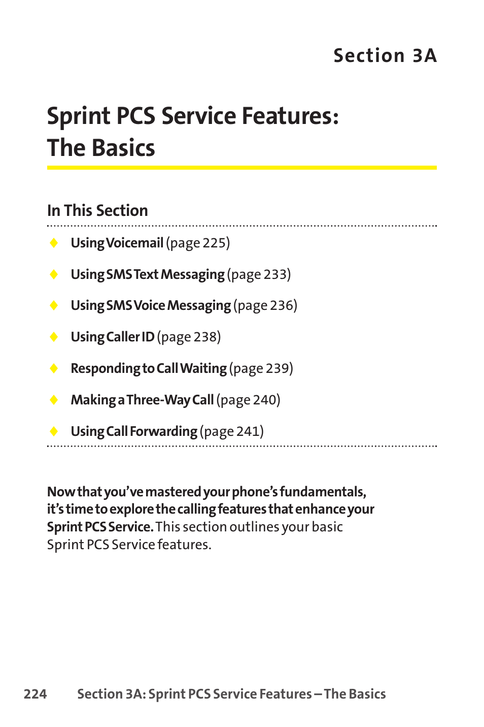 3a. sprint pcs service features: the basics, Sprint pcs service features: the basics | Sanyo SCP-8400 User Manual | Page 240 / 282