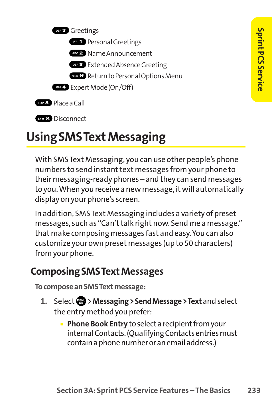 Using sms text messaging, Composing sms text messages, Sprin t pcs ser vice | Sanyo SCP-8400 User Manual | Page 249 / 282