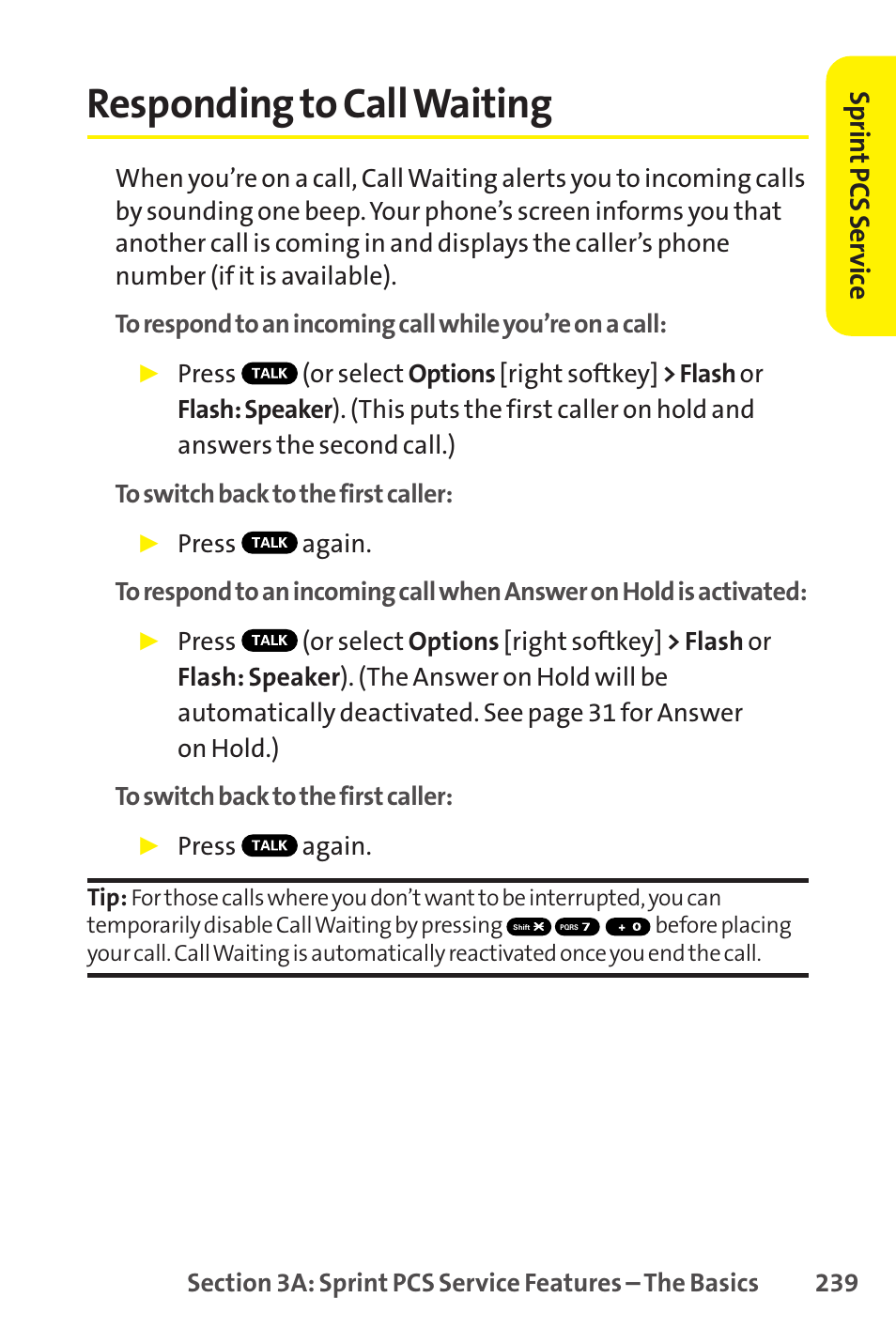 Responding to call waiting, Sprin t pcs ser vice | Sanyo SCP-8400 User Manual | Page 255 / 282