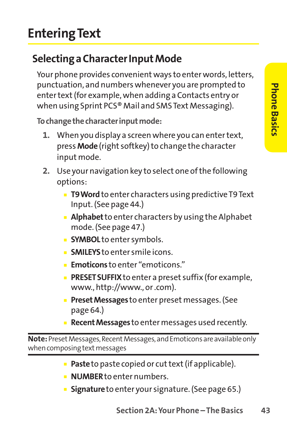 Entering text, Selecting a character input mode, Phone basics | Sanyo SCP-8400 User Manual | Page 59 / 282