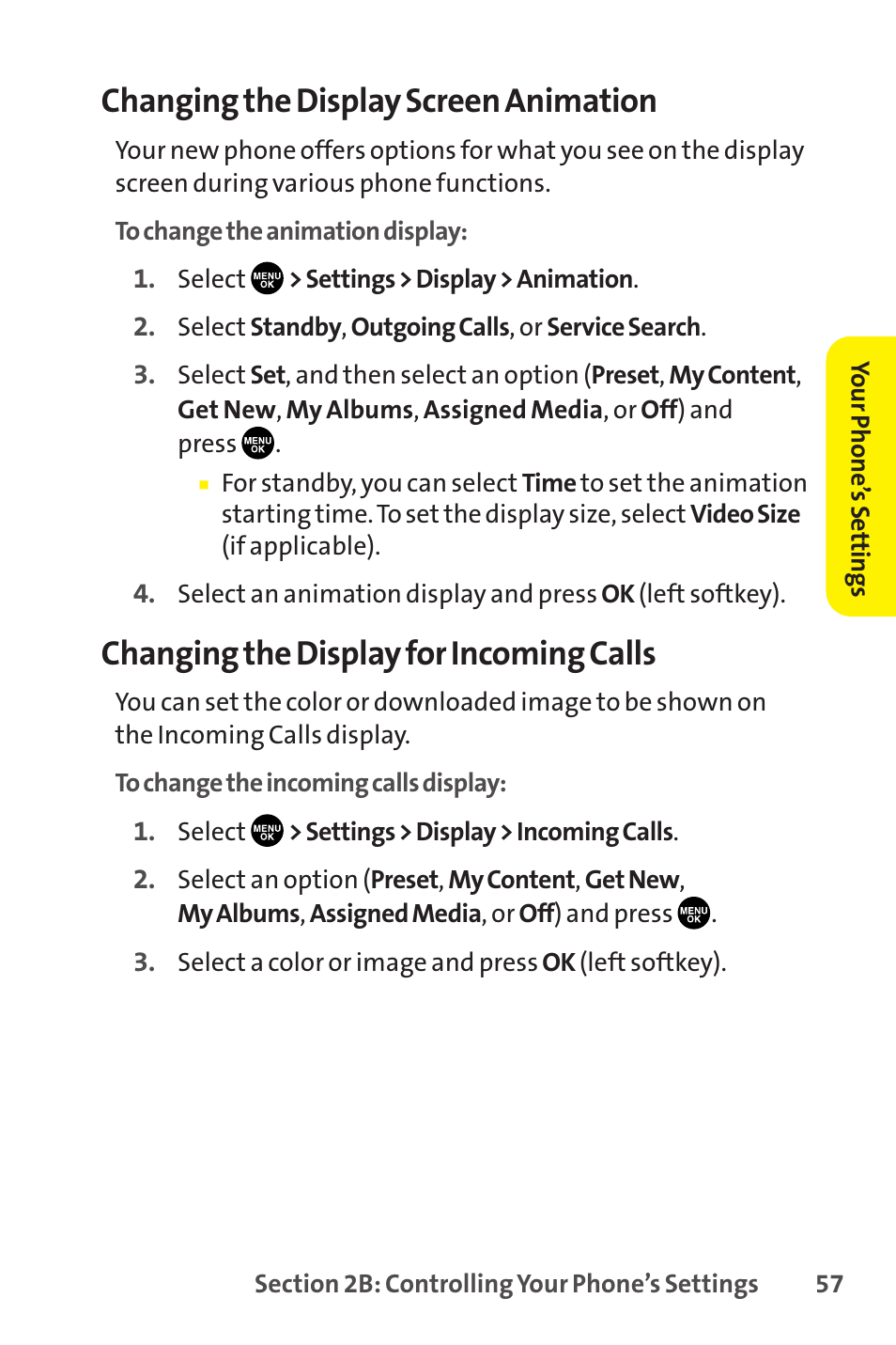 Changing the display screen animation, Changing the display for incoming calls | Sanyo SCP-8400 User Manual | Page 73 / 282