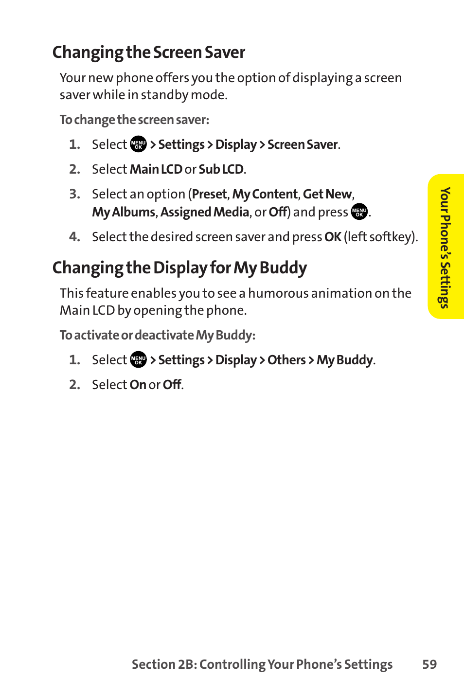 Changing the screen saver, Changing the display for my buddy | Sanyo SCP-8400 User Manual | Page 75 / 282