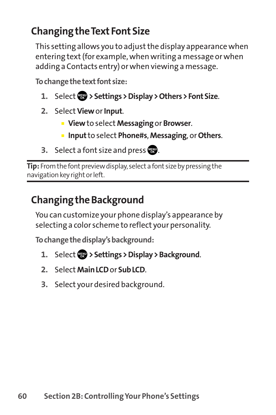 Changing the text font size, Changing the background | Sanyo SCP-8400 User Manual | Page 76 / 282