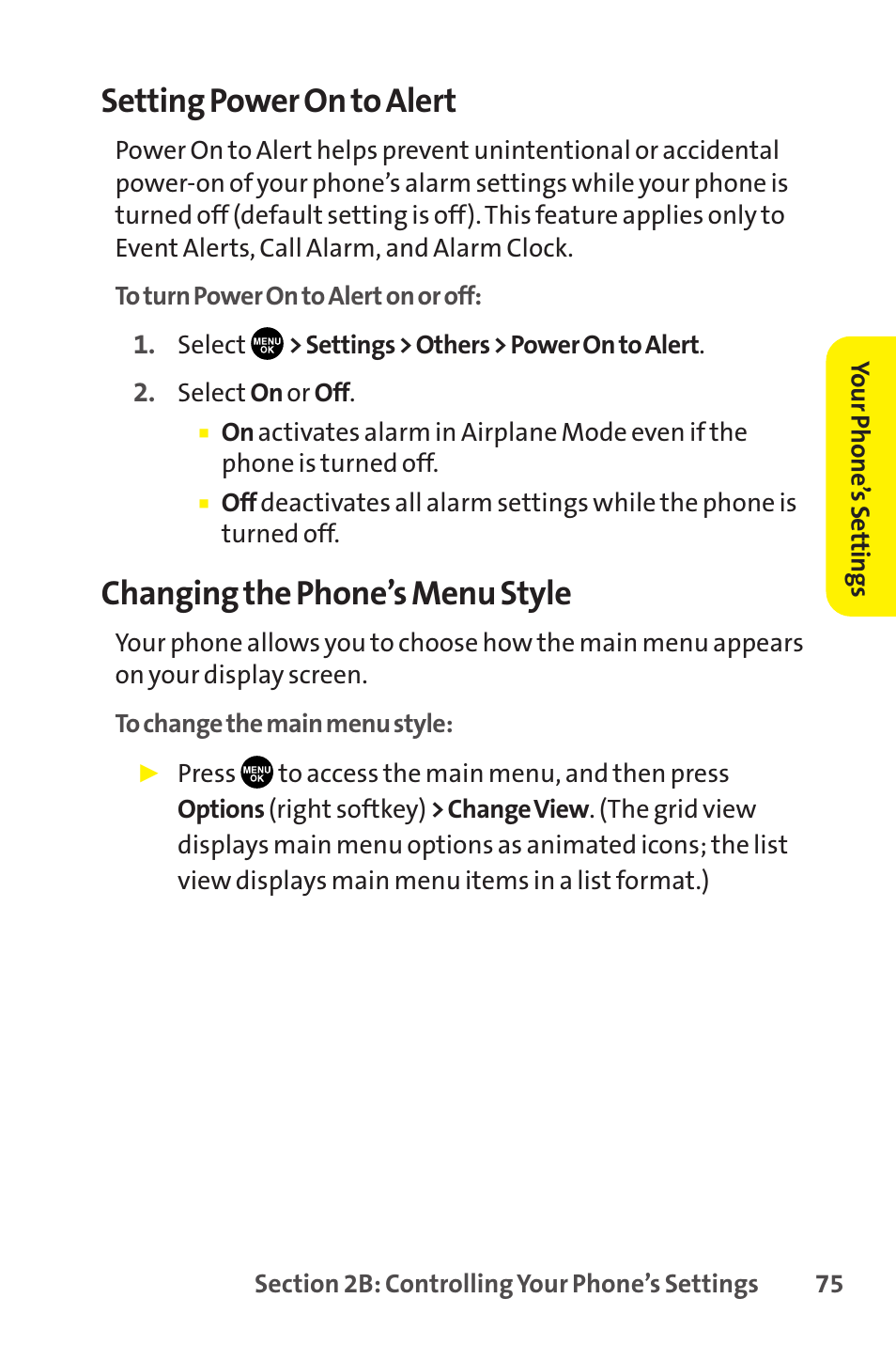 Setting power on to alert, Changing the phone’s menu style | Sanyo SCP-8400 User Manual | Page 91 / 282