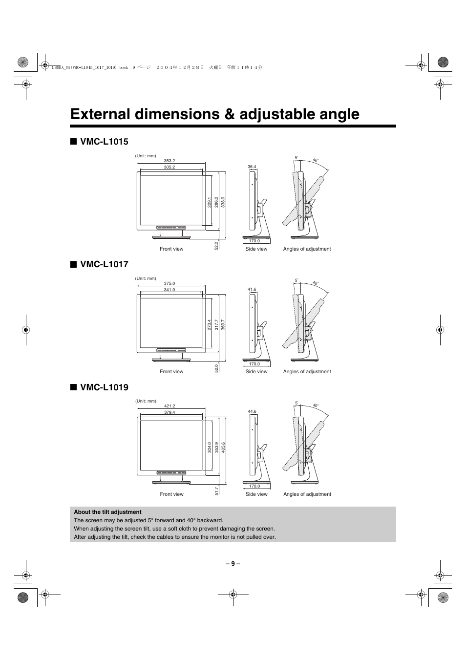 External dimensions & adjustable angle | Sanyo VMC-L1017 User Manual | Page 10 / 12