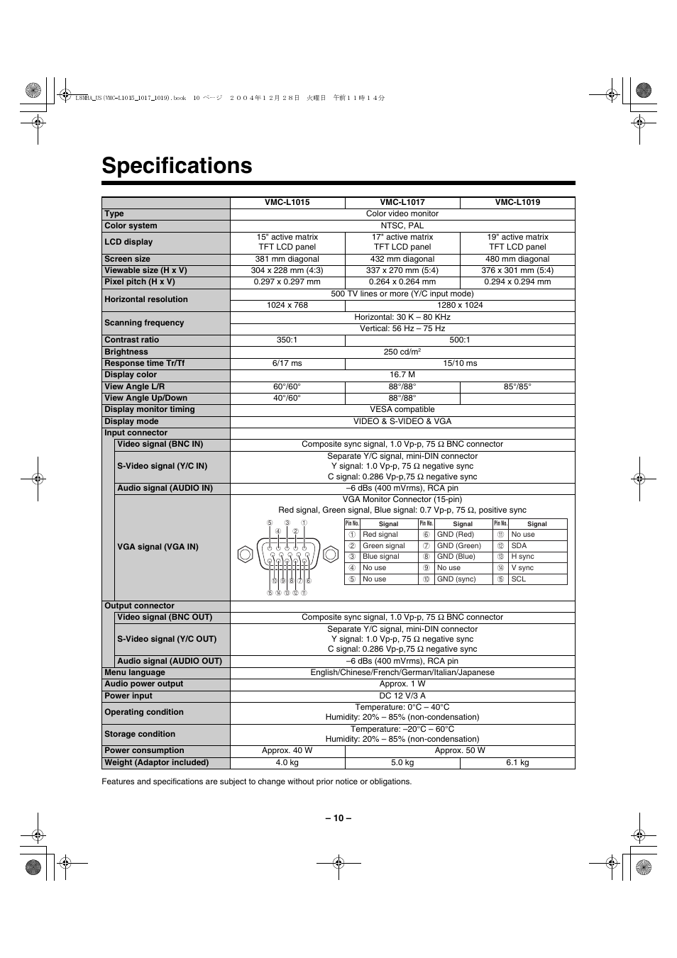 Specifications | Sanyo VMC-L1017 User Manual | Page 11 / 12