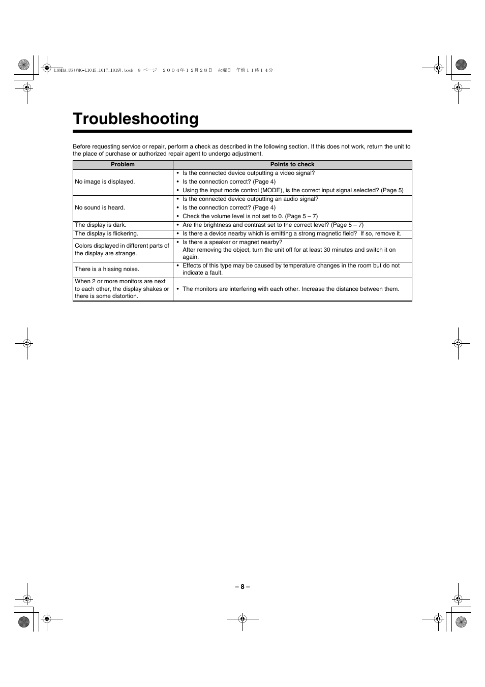 Troubleshooting | Sanyo VMC-L1017 User Manual | Page 9 / 12
