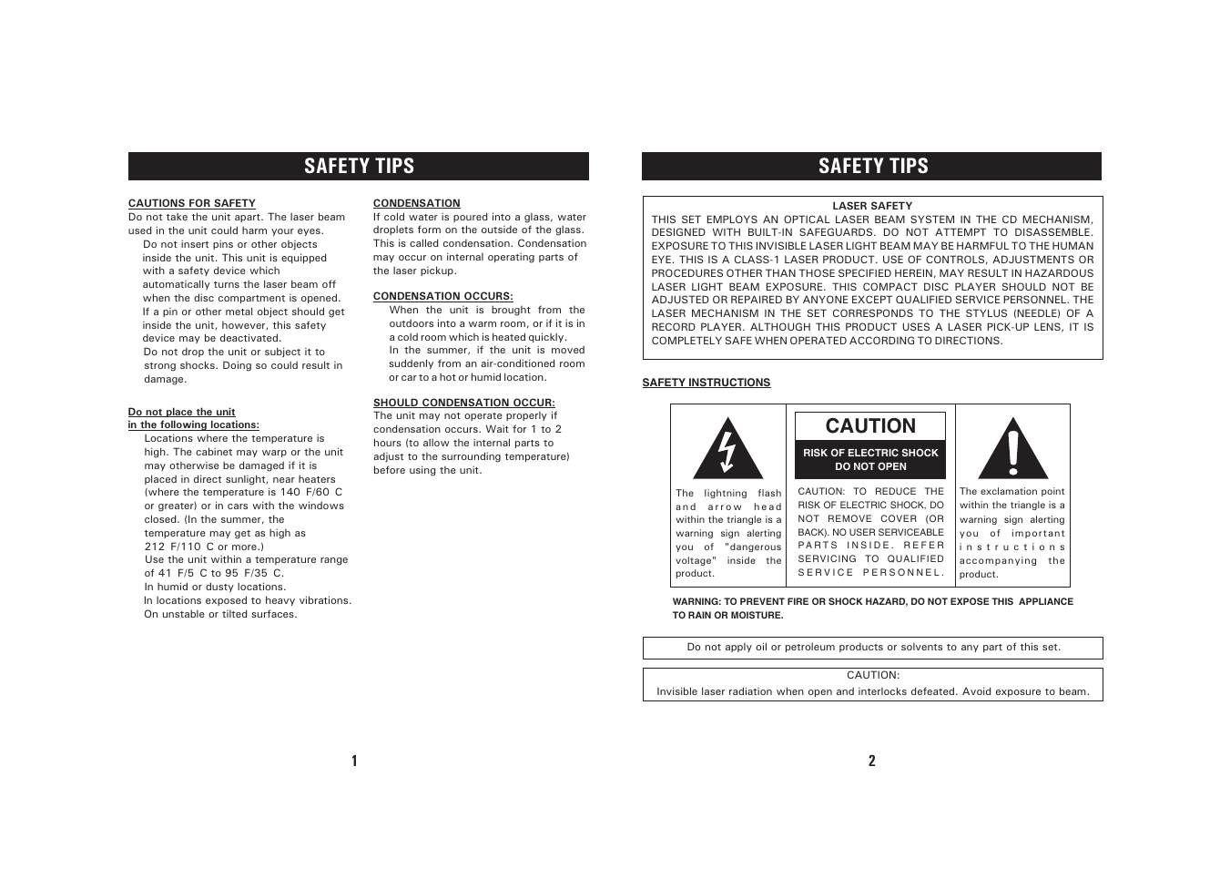 Safety tips, Caution | Sanyo RM-CD23 User Manual | Page 2 / 8