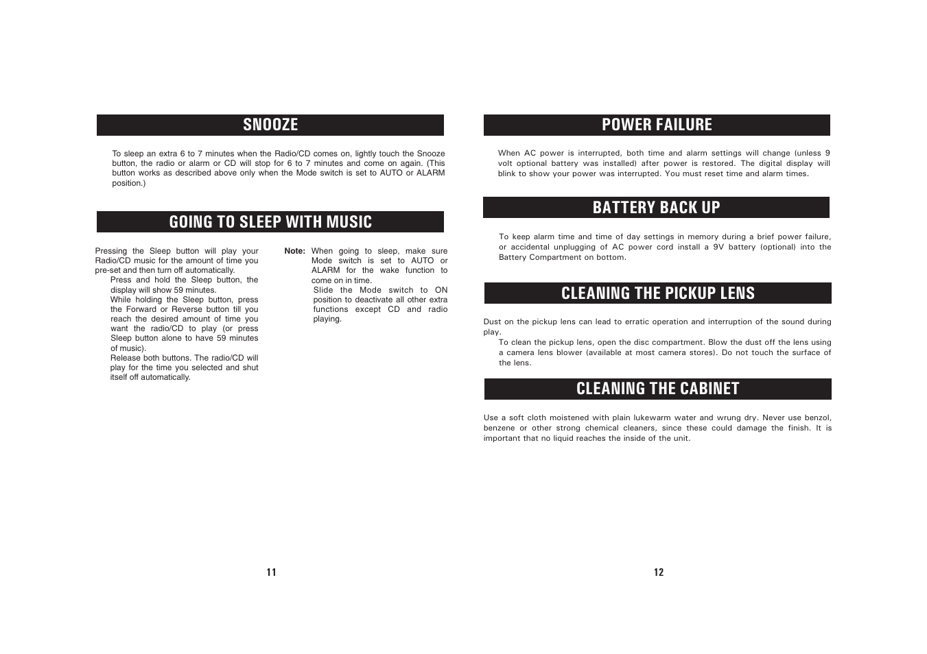 Power failure, Snooze going to sleep with music, Battery back up | Cleaning the pickup lens cleaning the cabinet | Sanyo RM-CD23 User Manual | Page 7 / 8