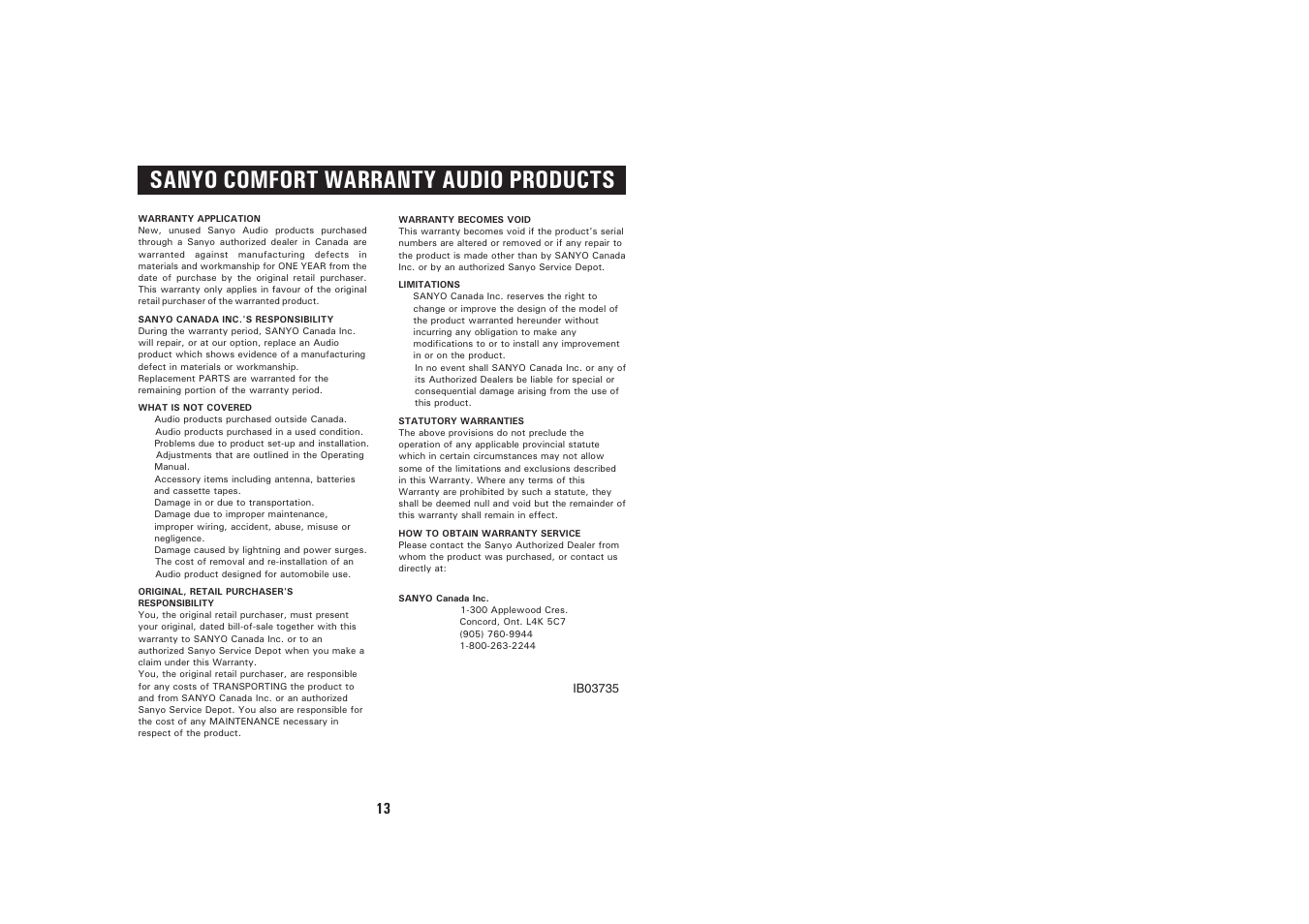 Sanyo comfort warranty audio products | Sanyo RM-CD23 User Manual | Page 8 / 8