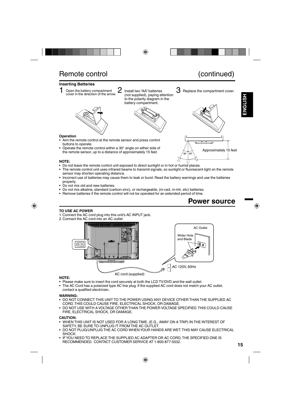 Remote control (continued), Power source | Sanyo DP32671 User Manual | Page 15 / 41